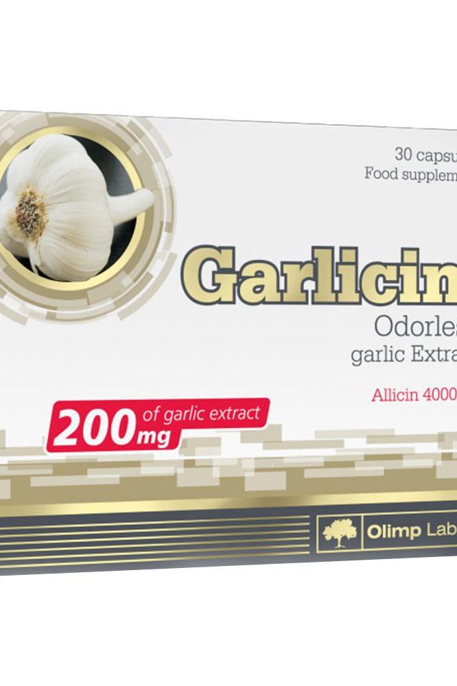 Olimp Labs Garlicin 30 Capsules packaging with garlic extract and allicin information.