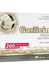 Olimp Labs Garlicin 30 Capsules packaging with garlic extract and allicin information.