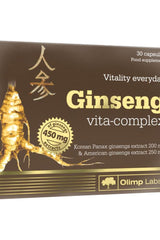 Olimp Labs Ginseng Vita-Complex supplement box featuring 30 capsules and Panax ginseng extracts.