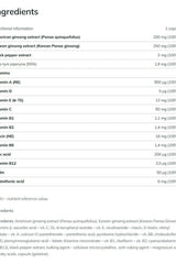 Nutritional information for Olimp Labs Ginseng Vita-complex, detailing ingredients and vitamins.
