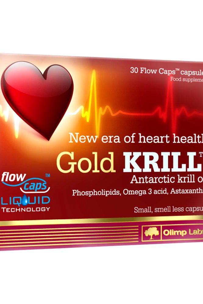 Olimp Labs Gold Krill capsules packaging, featuring heart health benefits and omega-3 technology.