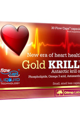 Olimp Labs Gold Krill capsules packaging, featuring heart health benefits and omega-3 technology.
