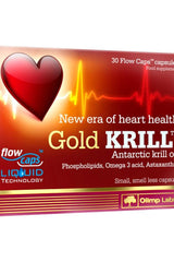 Olimp Labs Gold Krill capsules packaging, featuring heart health benefits and omega-3 technology.