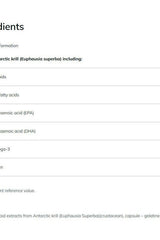 Ingredient list for Olimp Labs Gold Krill capsules, highlighting Omega-3 fatty acids and krill oil benefits.