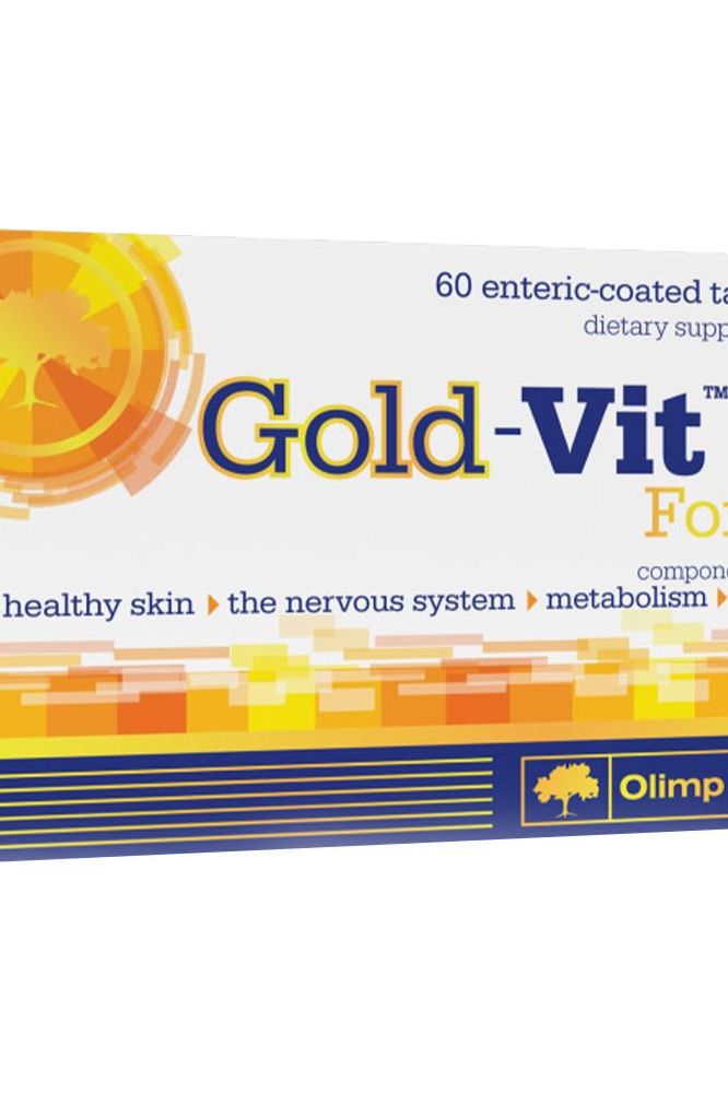 Olimp Labs Gold-Vit B Forte dietary supplement box with 60 enteric-coated tablets for healthy skin and metabolism.