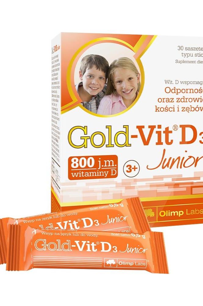 Olimp Labs Gold-Vit D3 Junior product packaging with two sachets, designed for children's health and immunity support.