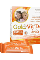 Olimp Labs Gold-Vit D3 Junior product packaging with two sachets, designed for children's health and immunity support.