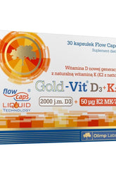 Olimp Labs Gold-Vit D3+K2 supplement box with 30 capsules, featuring liquid technology for enhanced absorption.