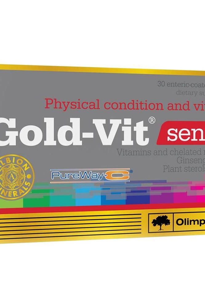 Olimp Labs Gold-Vit Senior supplement box showcasing vitamins, minerals, and plant sterols for health and vitality.