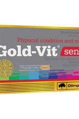 Olimp Labs Gold-Vit Senior supplement box showcasing vitamins, minerals, and plant sterols for health and vitality.