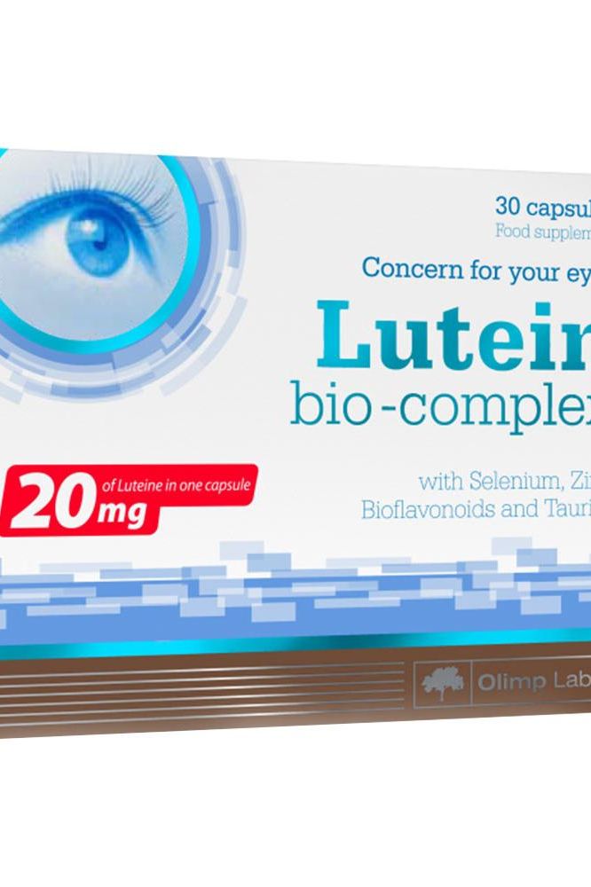 Olimp Labs Lutein Bio-Complex packaging with 30 capsules for eye health and antioxidant support.