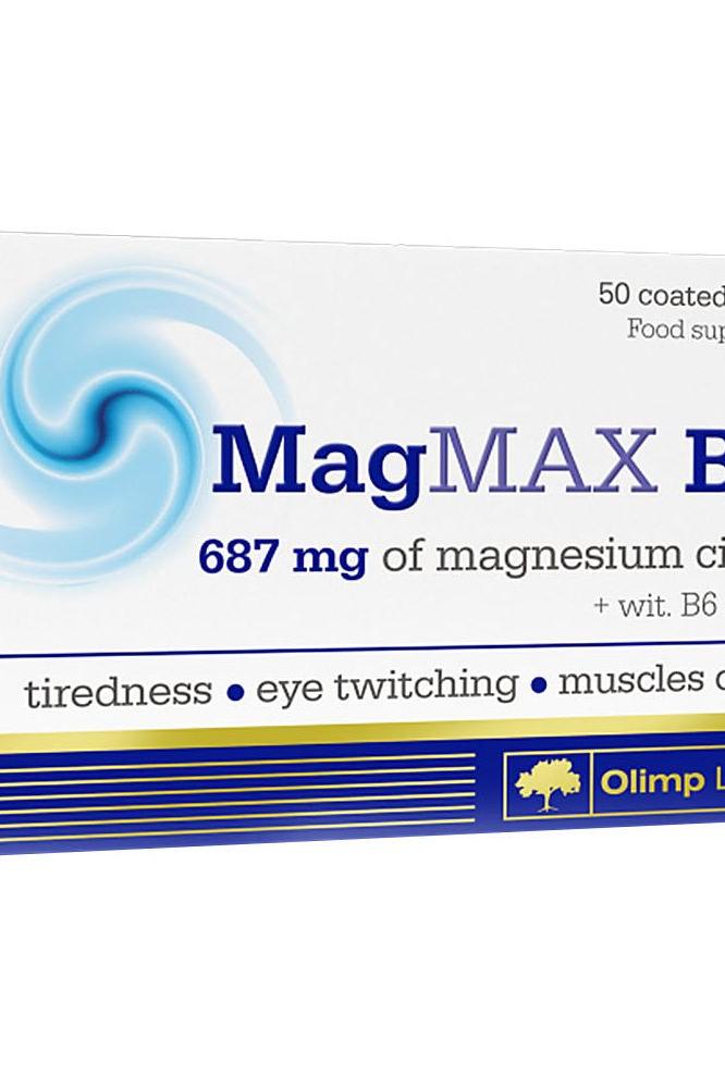 Olimp Labs MagMAX B6 packaging showing 50 coated tablets with magnesium citrate and vitamin B6 for energy and nerve support.