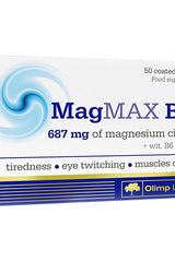 Olimp Labs MagMAX B6 packaging showing 50 coated tablets with magnesium citrate and vitamin B6 for energy and nerve support.