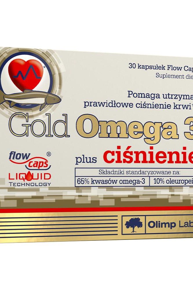 Olimp Labs Omega 3 Plus supplement box with 30 capsules for heart health and blood pressure support.