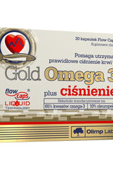 Olimp Labs Omega 3 Plus supplement box with 30 capsules for heart health and blood pressure support.