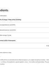 Ingredients list for Olimp Labs Omega 3 Plus including EPA, DHA, and olive leaf extract.