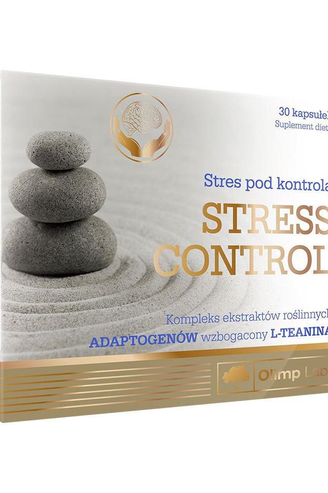 Olimp Labs Stress Control supplement packaging featuring calming stones and nutritional information.