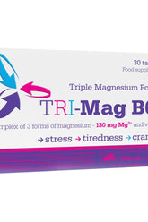 Olimp Labs Tri-Mag B6 supplement box highlighting benefits: stress relief, reducing tiredness, muscle cramps.