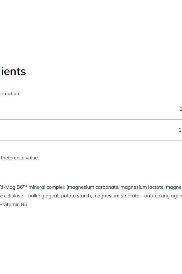 Ingredients list for Olimp Labs Tri-mag B6 tablets, including magnesium and vitamin B6 components. Ingredients list for Olimp Labs Tri-mag B6 tablets, including magnesium and vitamin B6 components.