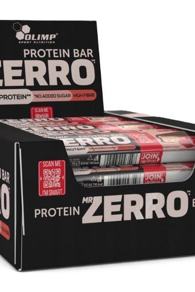 Olimp Mr Zerro protein bar box, featuring high protein, no added sugar, and rich in fiber.