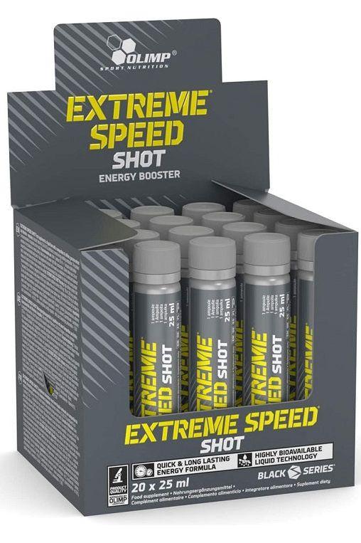 Olimp Nutrition Extreme Speed Shot energy booster display box with liquid ampoules for performance and recovery.