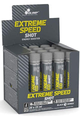 Olimp Nutrition Extreme Speed Shot energy booster display box with liquid ampoules for performance and recovery.