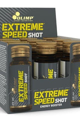 Olimp Nutrition Extreme Speed Shot energy booster ampoules in a box for enhanced performance and focus.