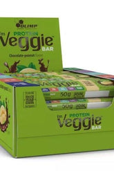 Olimp Veggie Protein Bars in chocolate-peanut flavor, vegan-friendly, high protein, and high fiber for a healthy snack.