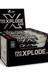 Olimp Protein Xplode Bar box displaying high protein snack bars with various flavors and nutrition info.