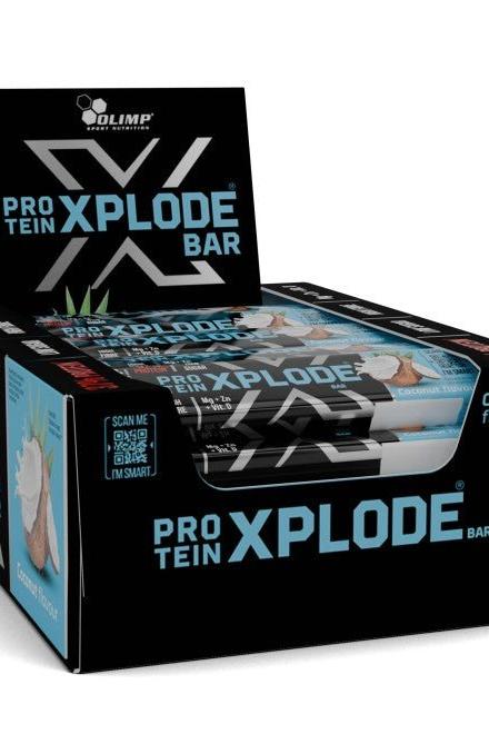 Olimp Protein Xplode Bar box with protein bars, showcasing high protein content and health benefits.