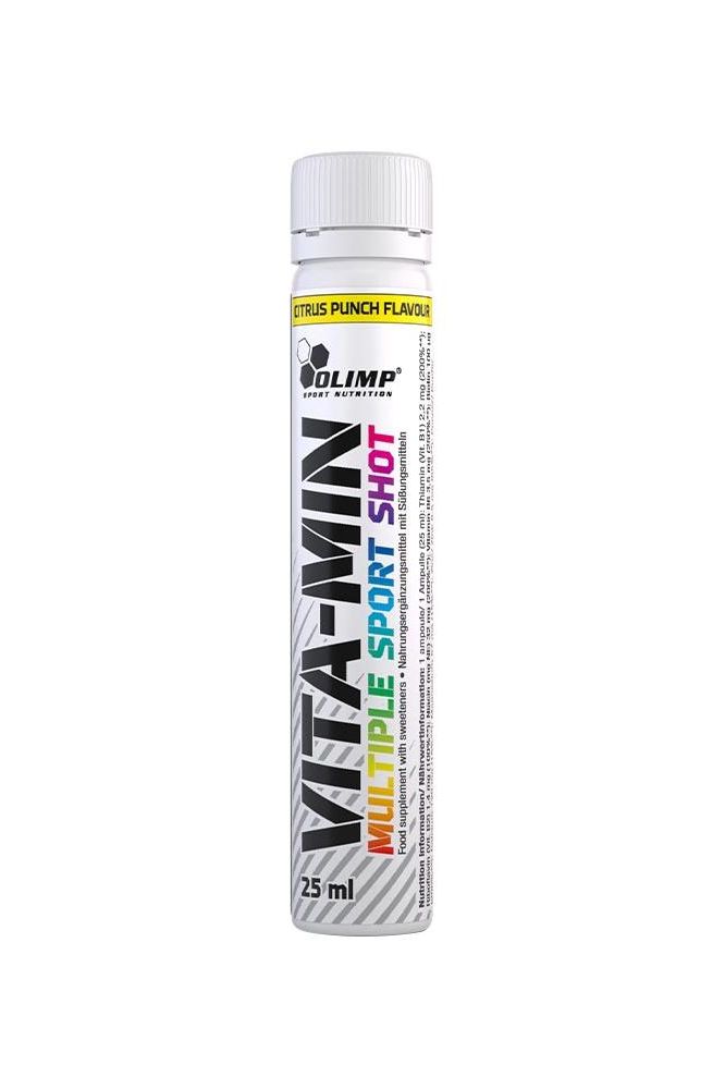 Olimp Vita-Min Multiple Sport Shot in Citrus Punch flavor, 25 ml, packed with vitamins and minerals for athletes.