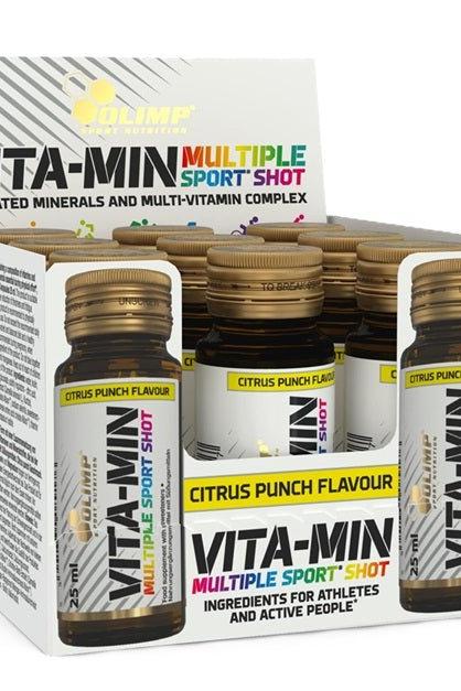Olimp Vita-Min Multiple Sport Shot box with citrus punch flavor, designed for energy and performance enhancement.