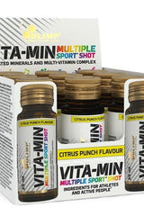 Olimp Vita-Min Multiple Sport Shot box with citrus punch flavor, designed for energy and performance enhancement.