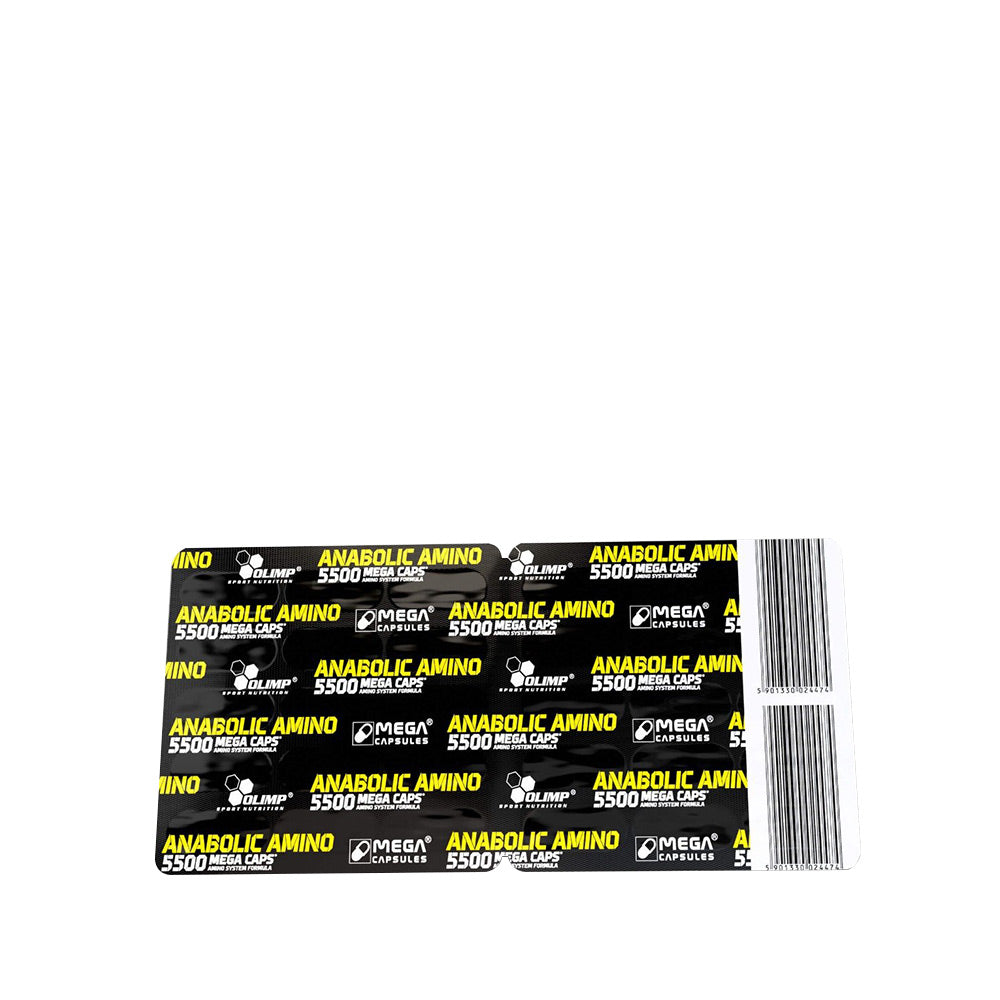 Olimp Anabolic Amino 5500 Mega Caps packaging showcasing high-quality amino acid supplement.