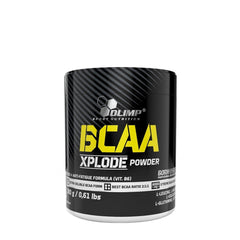 Olimp BCAA Xplode Powder supplement container with black and yellow design, promoting muscle growth and recovery.