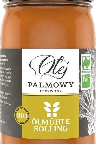 Ölmühle Solling Organic Red Palm Oil jar with fair trade label and rich color, highlighting its health benefits.
