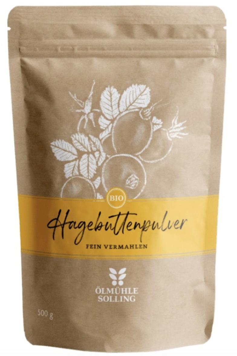 Ölmühle Solling Organic Rosehip Powder package, 500g, with detailed design and logo.