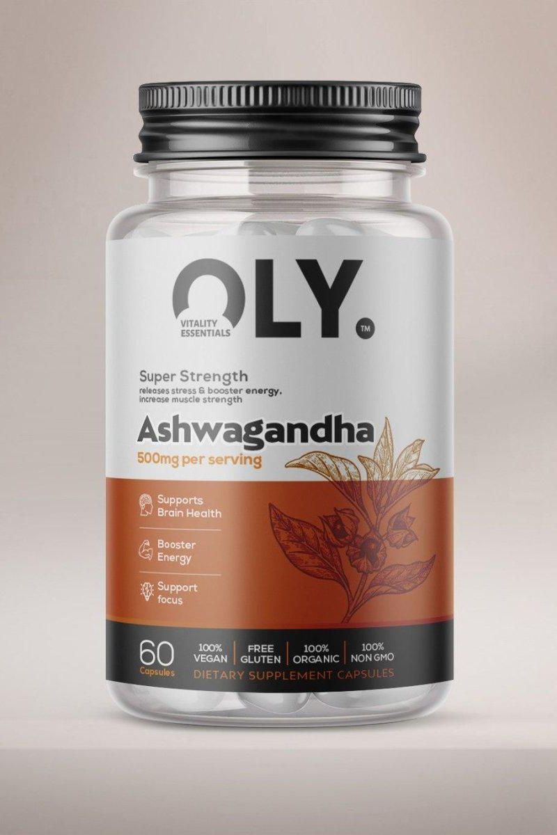 Oly Ashwagandha supplement bottle, 500mg, 60 vegan capsules, supports brain health and energy boost.