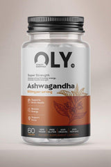 Oly Ashwagandha supplement bottle, 500mg, 60 vegan capsules, supports brain health and energy boost.