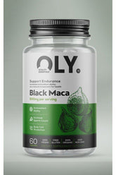Oly Black Maca 500mg supplement, 60 vegan capsules, supports endurance and increases sperm count.