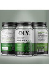 Oly Black Maca 500mg supplement bottle, 60 vegan capsules for endurance support, featuring health benefits.