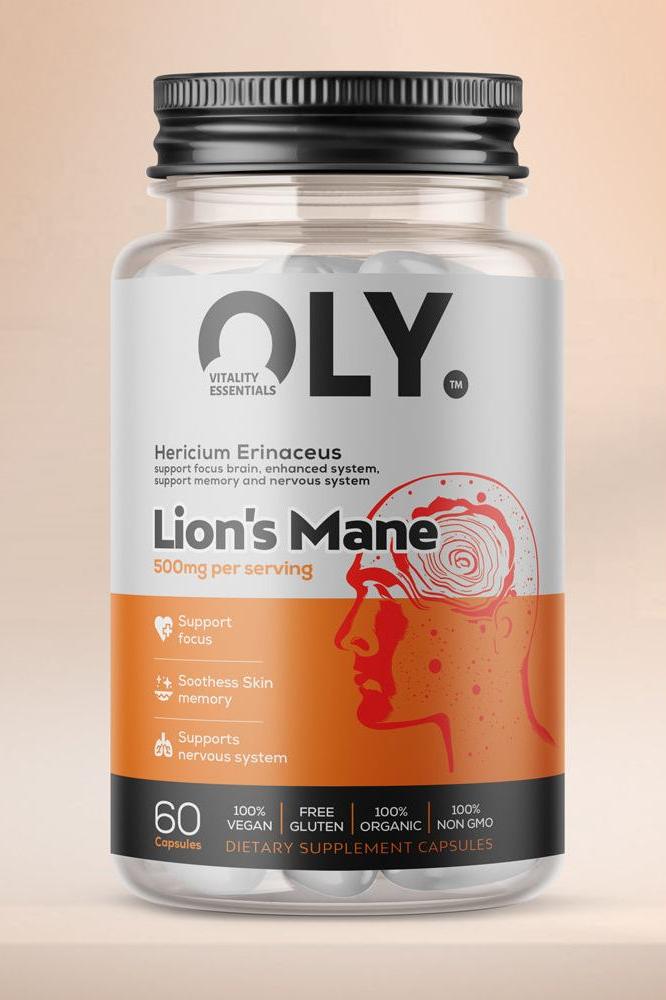 Oly Lion's Mane 500mg 60 vcaps, supports cognitive health, memory, and nervous system.