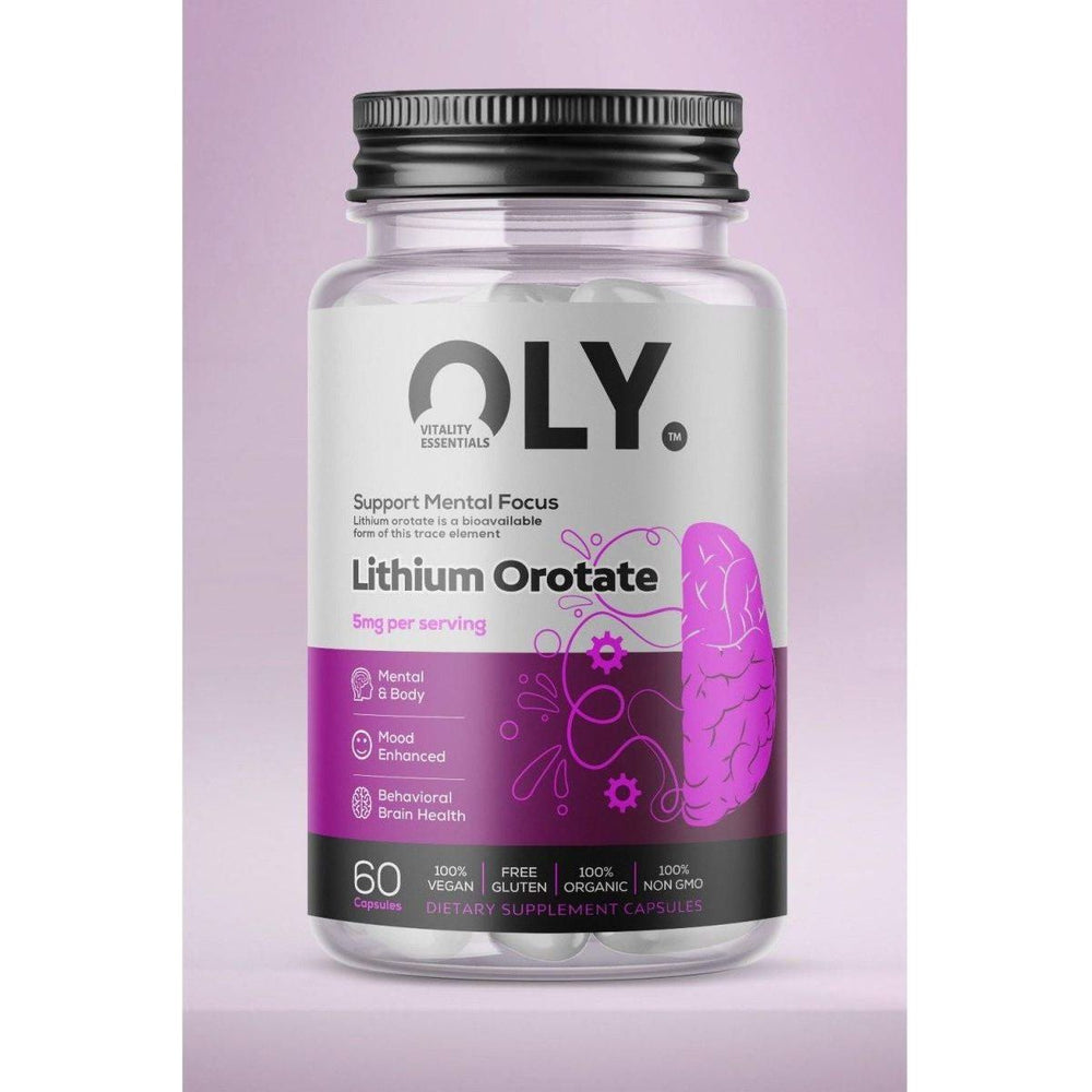 OLY Lithium Orotate 5mg supplement bottle, 60 vegan capsules for mental health and cognitive support.