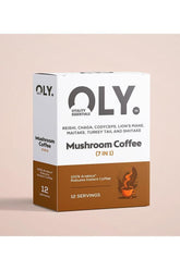 Oly Mushroom Coffee (7 in 1) box featuring 12 servings with benefits of various mushrooms for health.