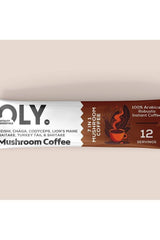 Oly - Mushroom Coffee (7 in 1) packet, featuring various mushrooms and instant coffee blend for health benefits.