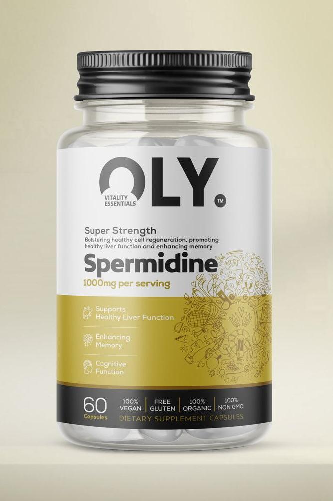 Oly Spermidine Super Strength 1000mg 60 vcaps support liver health and cognitive function in a transparent bottle.