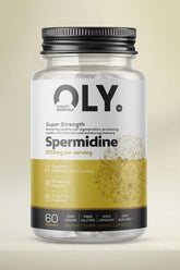 Oly Spermidine Super Strength 1000mg 60 vcaps support liver health and cognitive function in a transparent bottle.