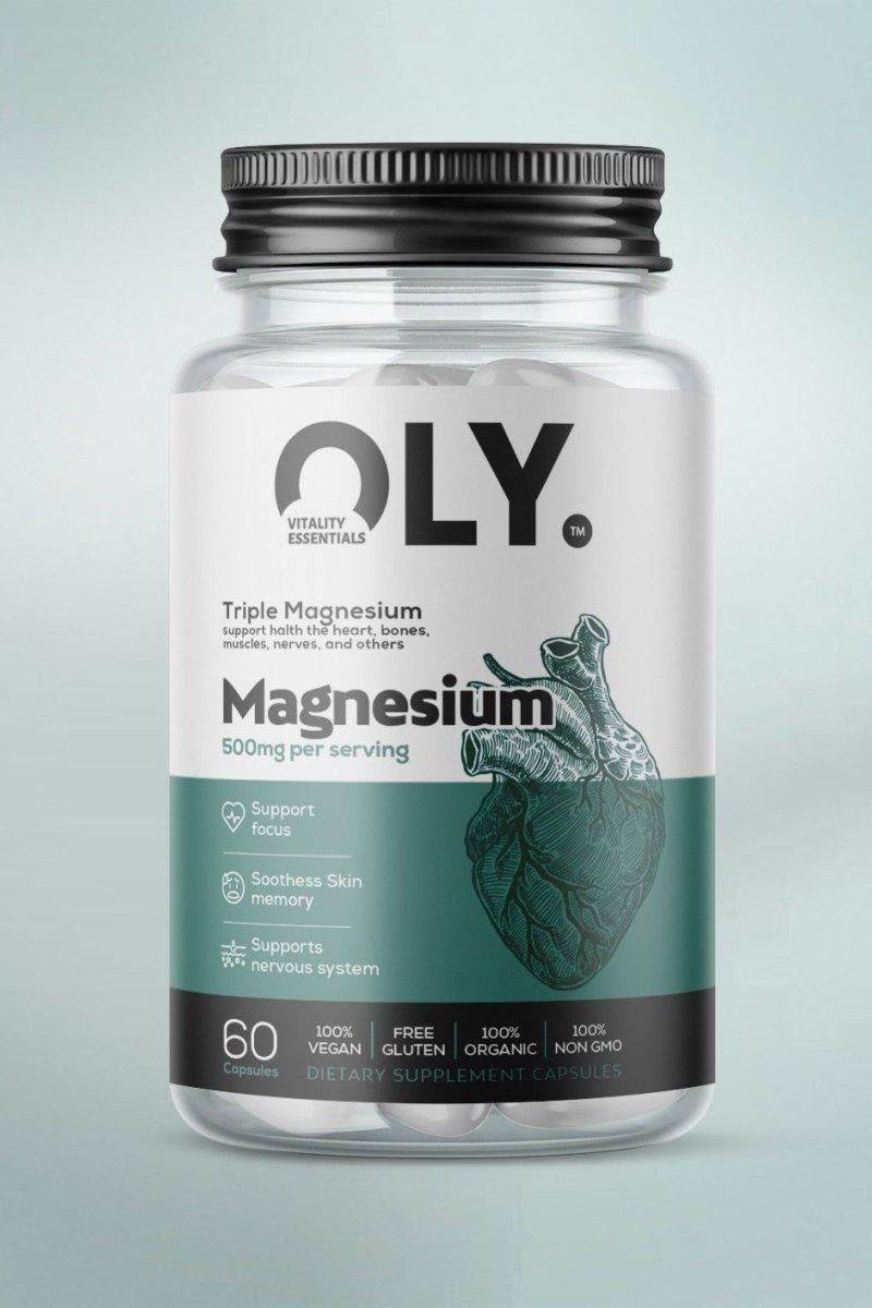 Oly Triple Magnesium supplement, 500mg, 60 vegan capsules for focus, memory, and nerve support.