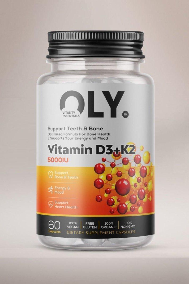 Oly Vitamin D3+K2, 5000IU dietary supplement, 60 vegan capsules for bone, heart health, and improved energy.