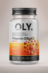Oly Vitamin D3+K2, 5000IU dietary supplement, 60 vegan capsules for bone, heart health, and improved energy.